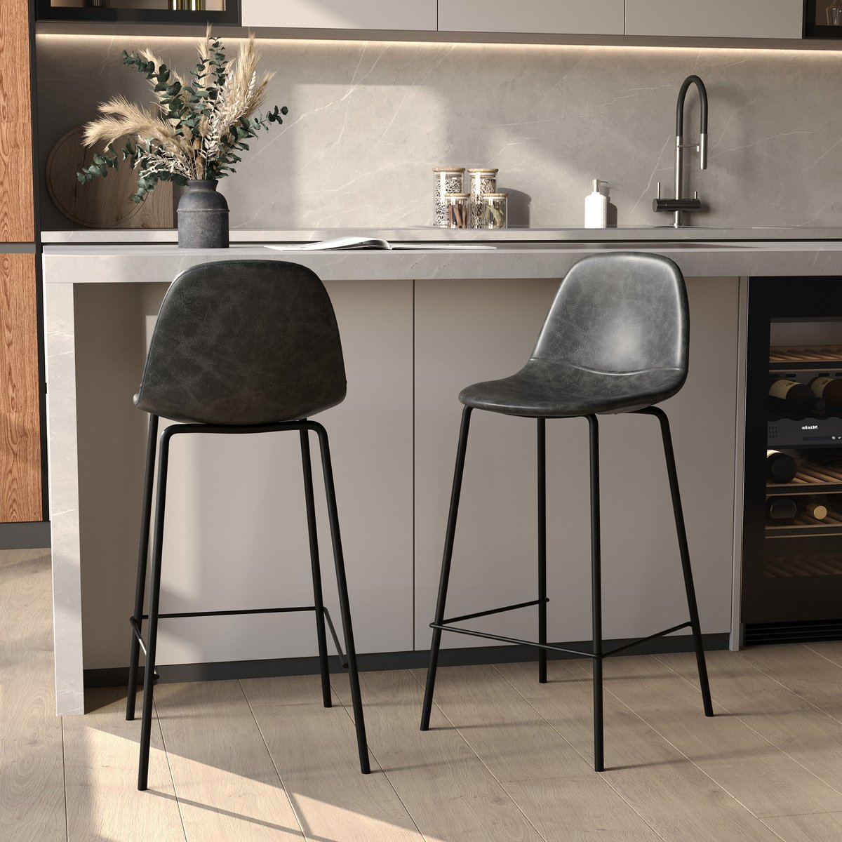 Lot de 2 chaises pour îlot central 65 cm en cuir synthétique - HENRIK gris / noir, pieds noirs, MAISON PAVANE