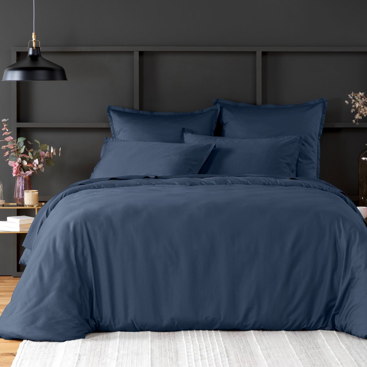 Draps plat uni en satin de coton 2 personnes, DESIR bleu marine, BATON ROUGE