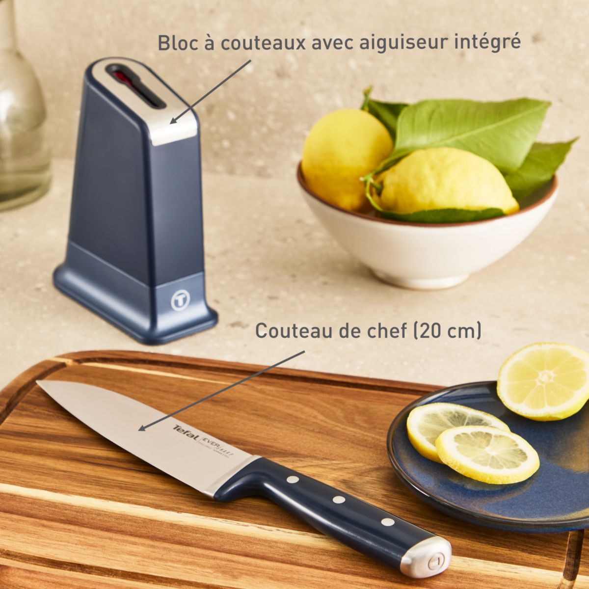 Bloc couteaux EverSharp Pro 16.5cm avec aiguiseur couleur unique, TEFAL