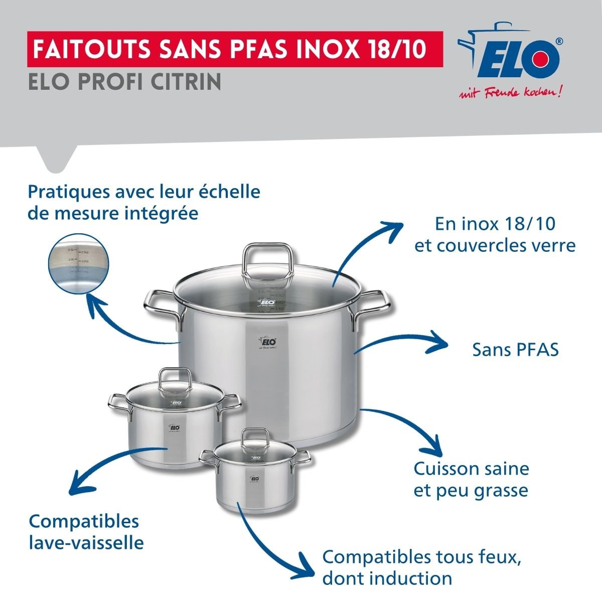 Batterie 1 poêle 24cm + 3 faitouts 12/14/26cm PROFI CITRIN gris, ELO