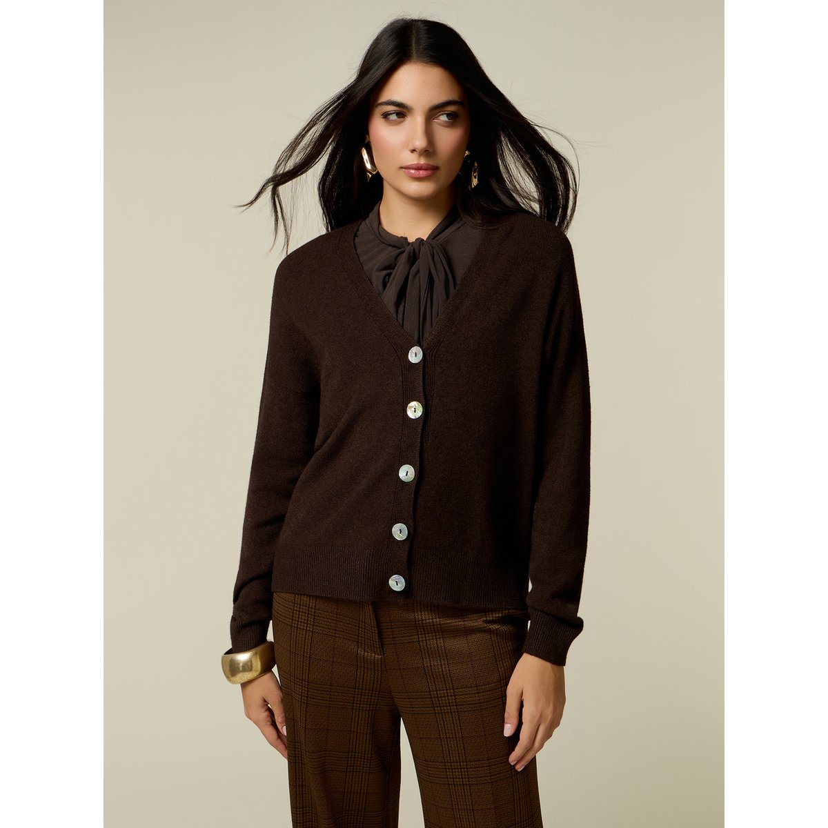 Cardigan col en V marron, OLTRE
