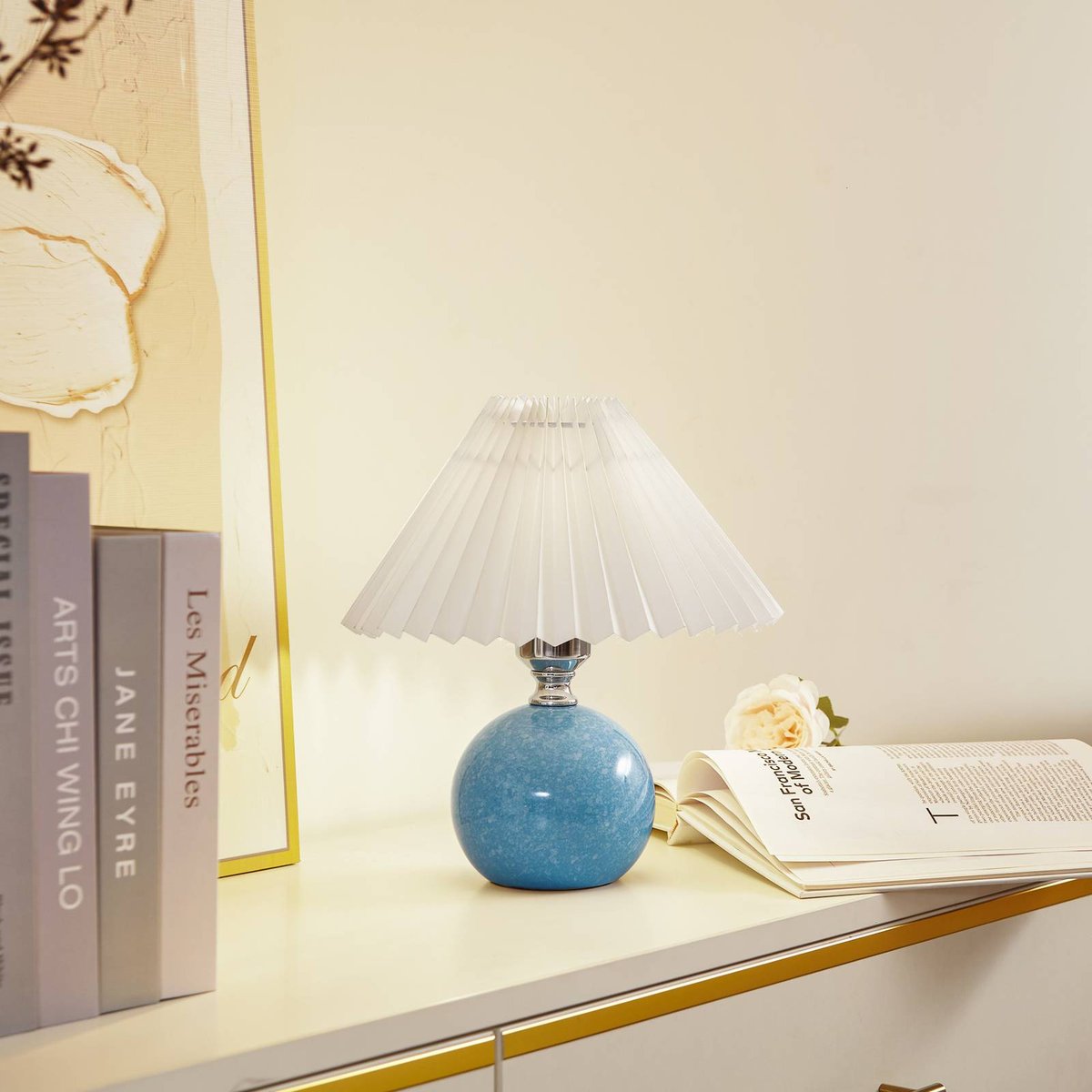 Lampe à poser en céramique scandinave crème, bleu, LINDBY