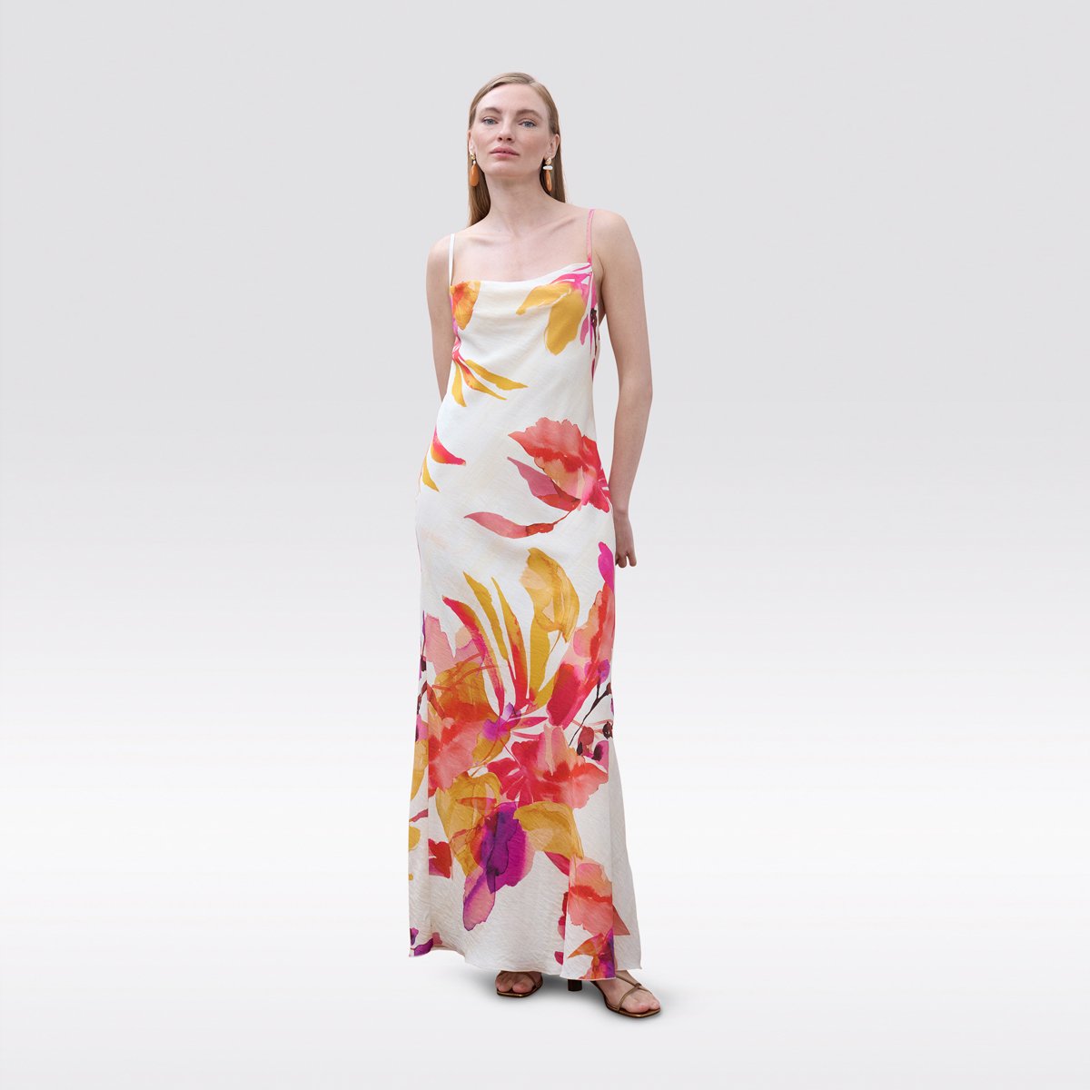 Robe longue fluide à fines bretelles imprimée ecru, LOLA CASADEMUNT