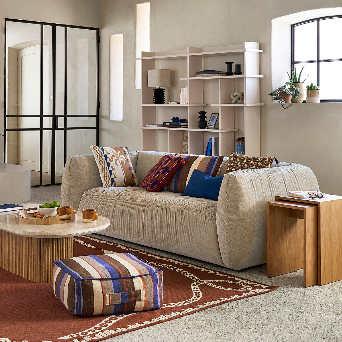 Silver Slub Chenille Straight 3 or 4-Seater Sofa beige, LA REDOUTE INTERIEURS