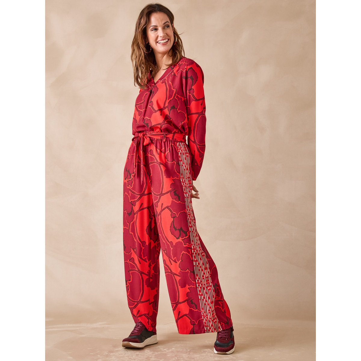 Pantalon fluide coupe large imprimé rouge, DAXON