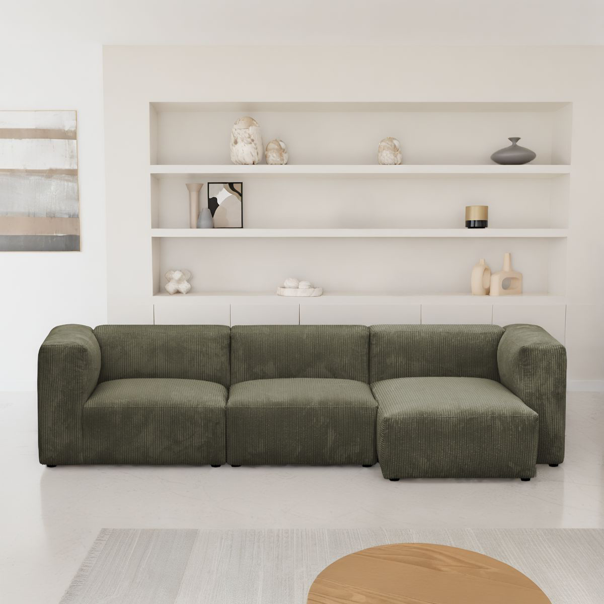 Canapé d'angle à droite modulable 4 places en velours côtelé - MODULO vert kaki, HOMIFAB