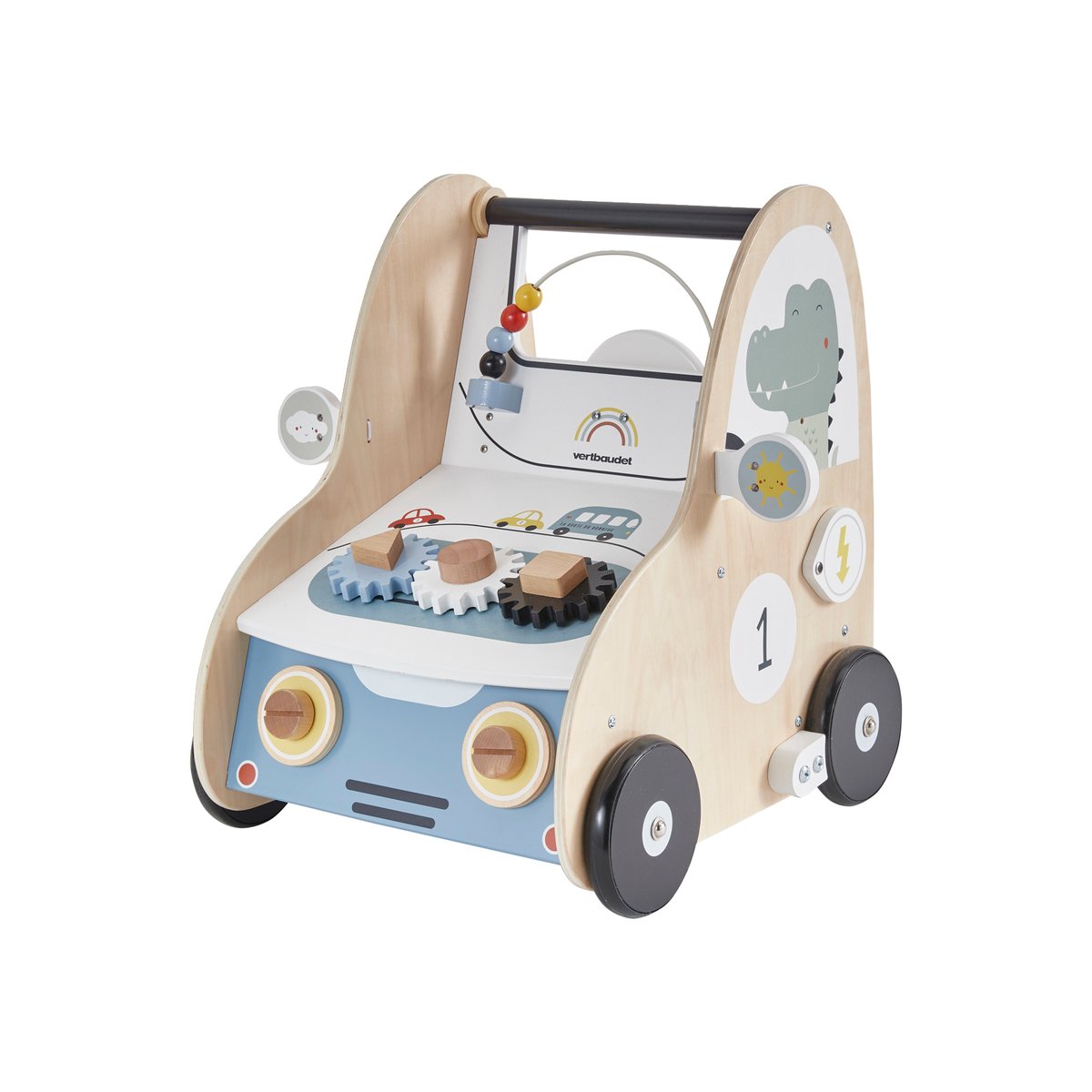 Chariot de marche avec freins EN VOITURE SIMON en bois multicolore, VERTBAUDET