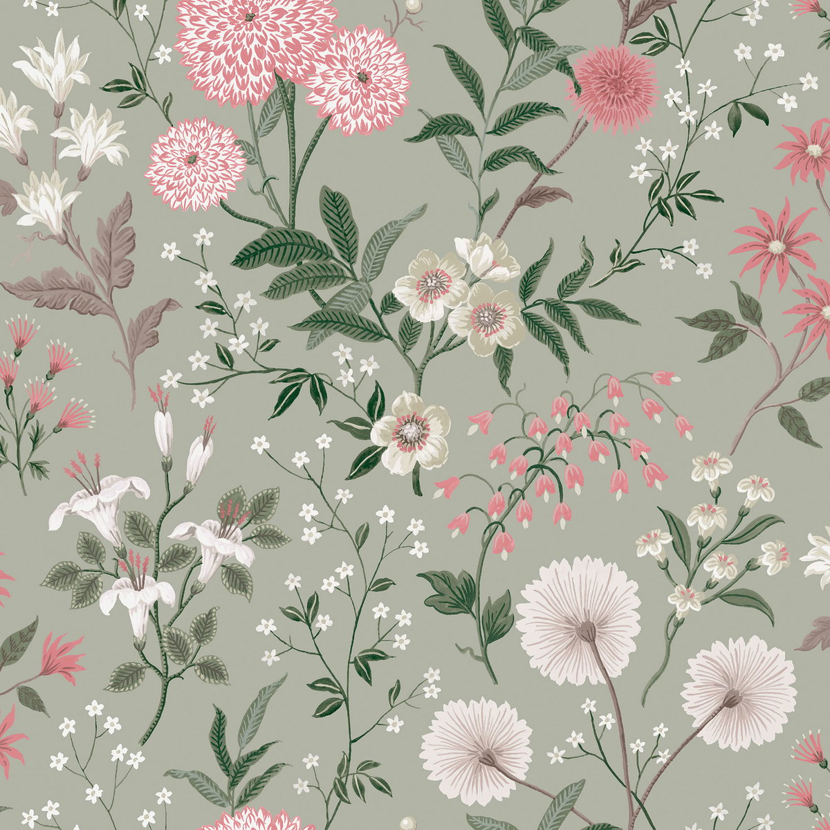 Papier peint Fleurs de dahlia et de lys Otterham Garden vert, rose, beige, LAURA ASHLEY