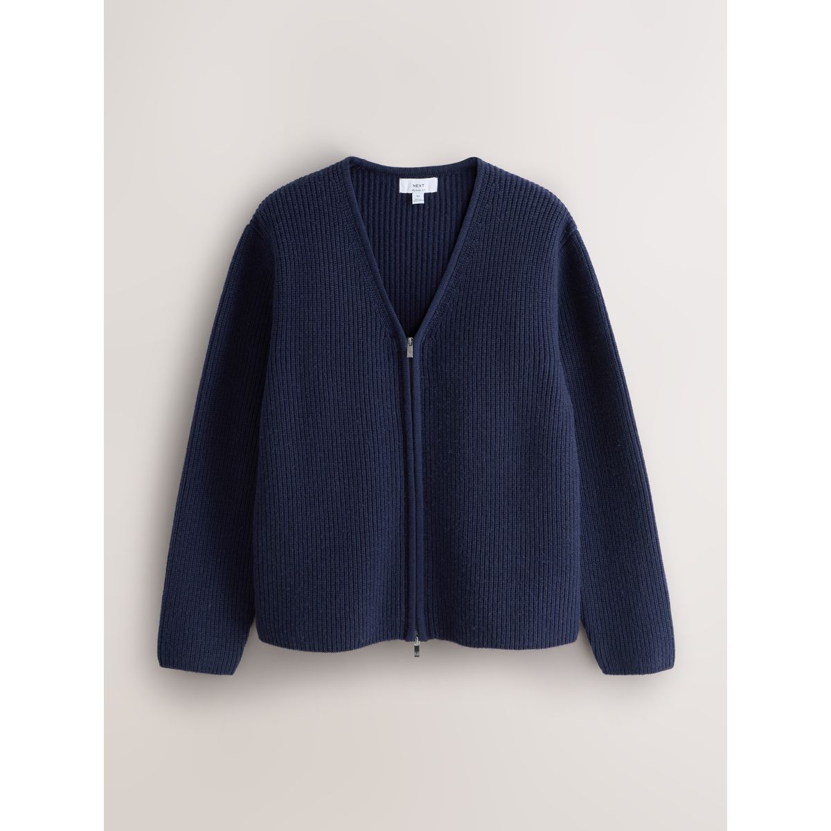 Cardigan zippé côtelé décontracté en laine bleu marine, NEXT