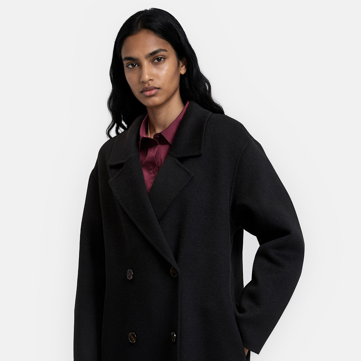 Abrigo oversize cruzado de confección artesanal en mezcla de lana negro, LA REDOUTE COLLECTIONS