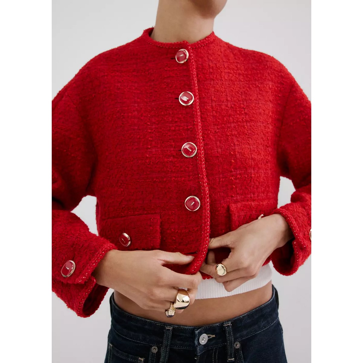 Veste tweed boutons bijoux rouge, MANGO
