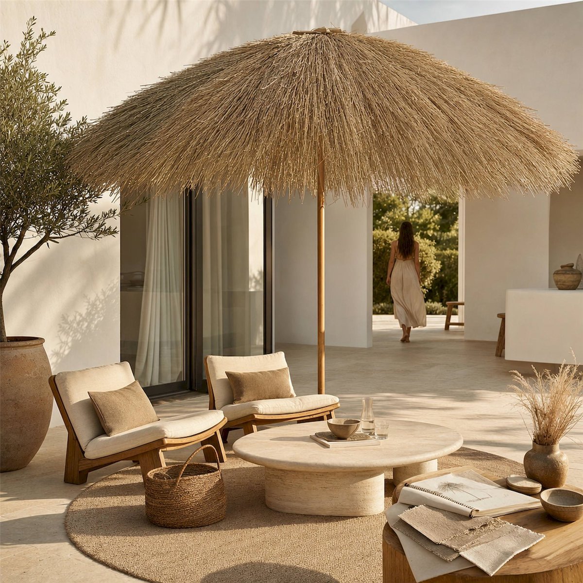 Parasol en teck et paille style ethnique marron naturel, RECOLLECTION