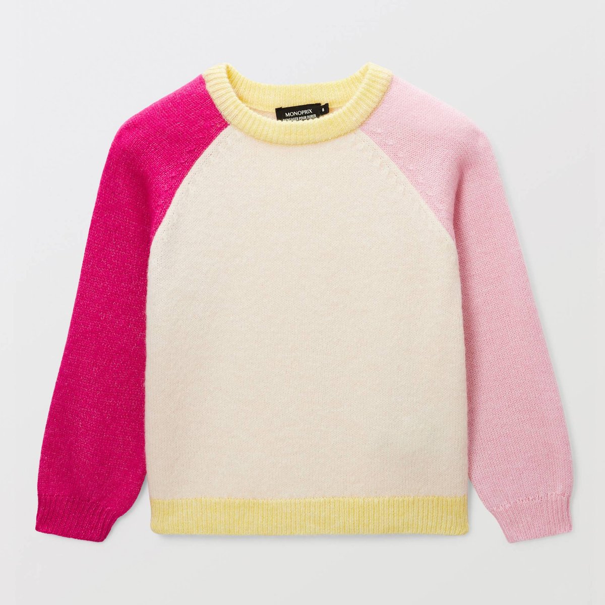 Pull colorblock contenant de la laine fluo rose, MONOPRIX