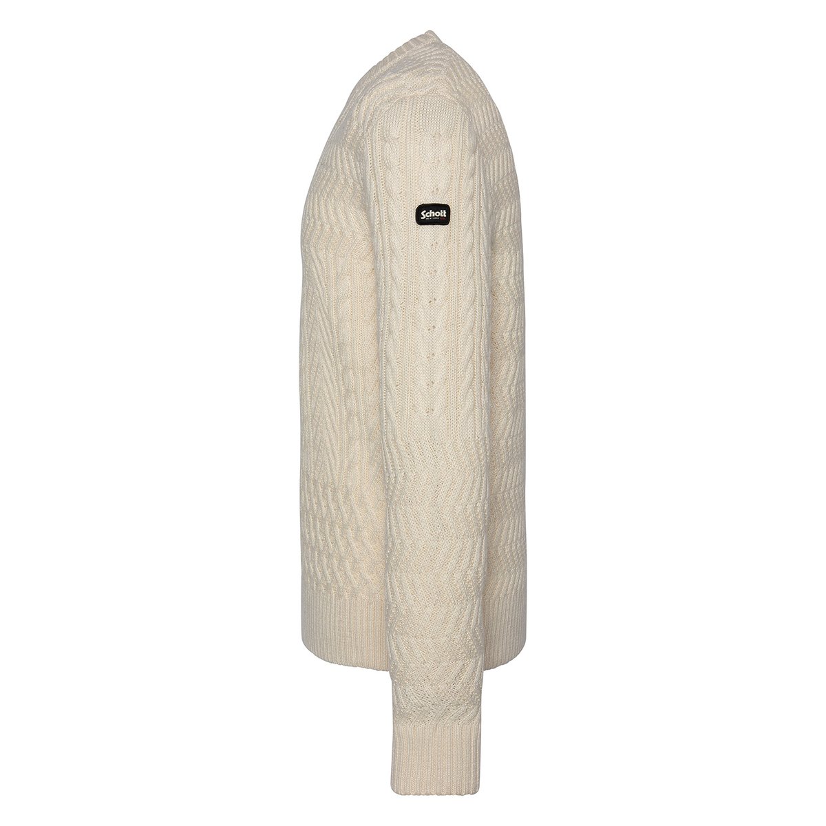Pull col rond noir, maille torsadée blanc cassé, SCHOTT