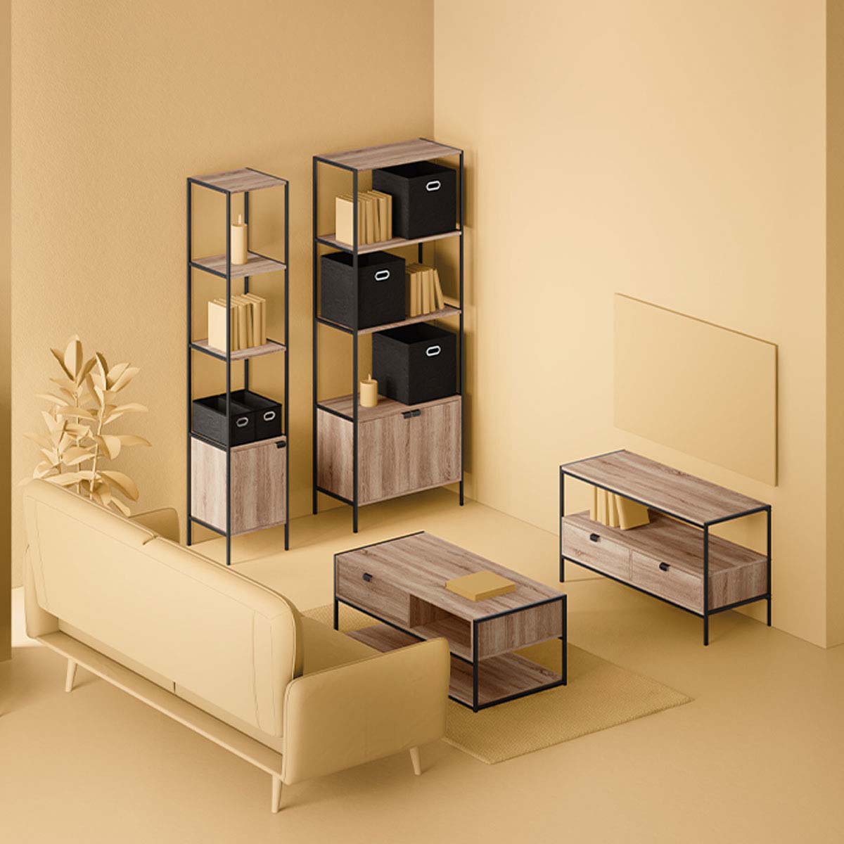 Étagère 1 porte effet chêne naturel ALIAJ noir, 5FIVE SIMPLY SMART