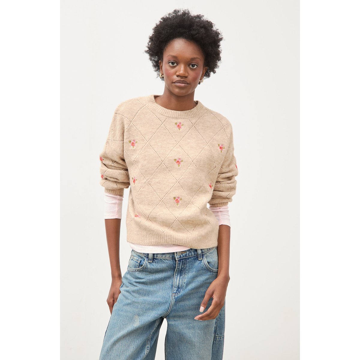 Pull droit col rond manches longues creme, BONOBO