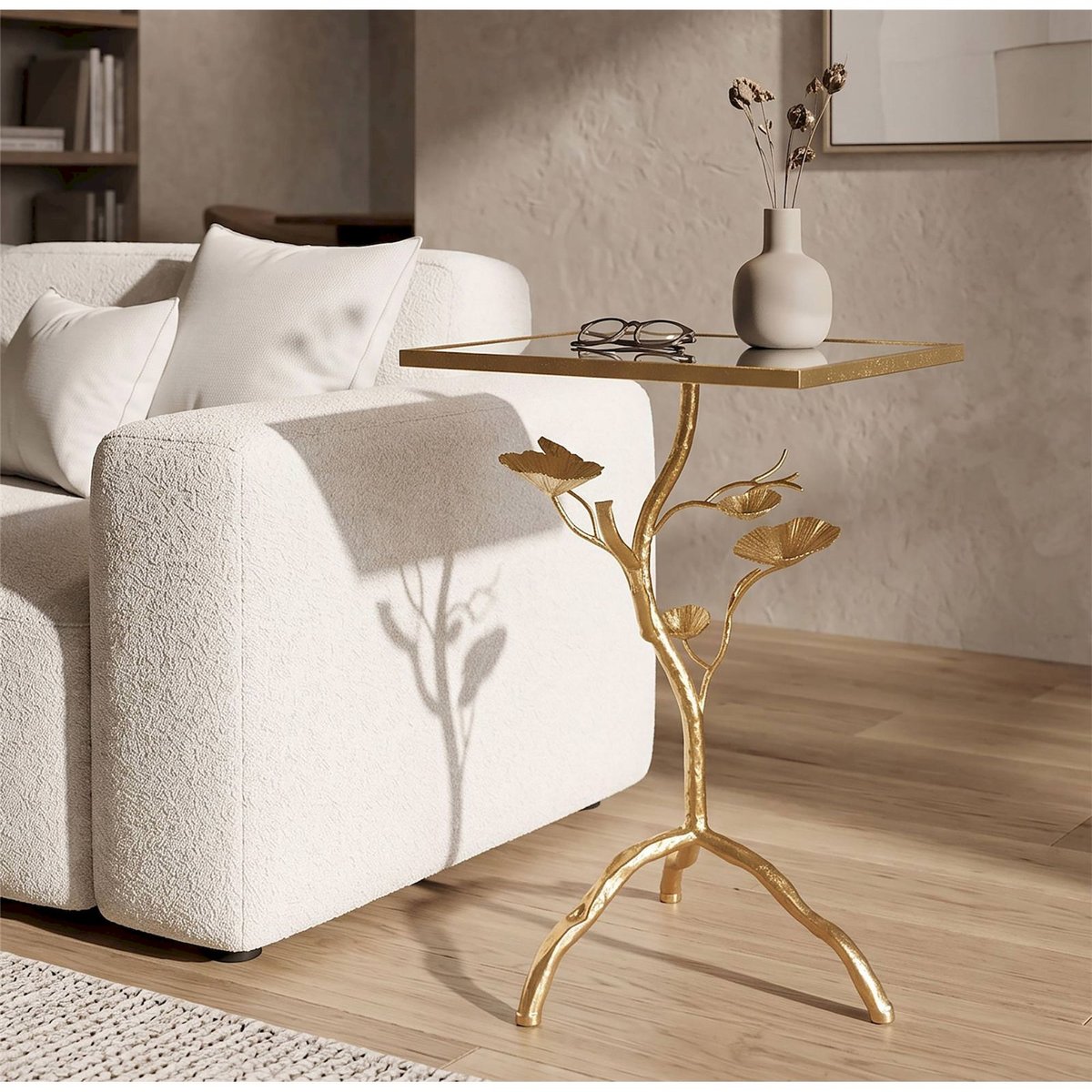 Table d'appoint plateau miroir piètement branche doré et miroir, RECOLLECTION