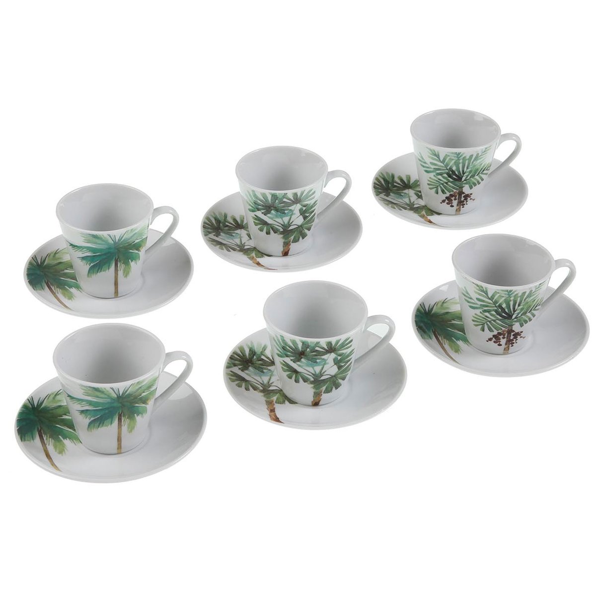 Set de 6 tasses avec dessous de tasses en porcelaine motifs palmiers vert, VERSA