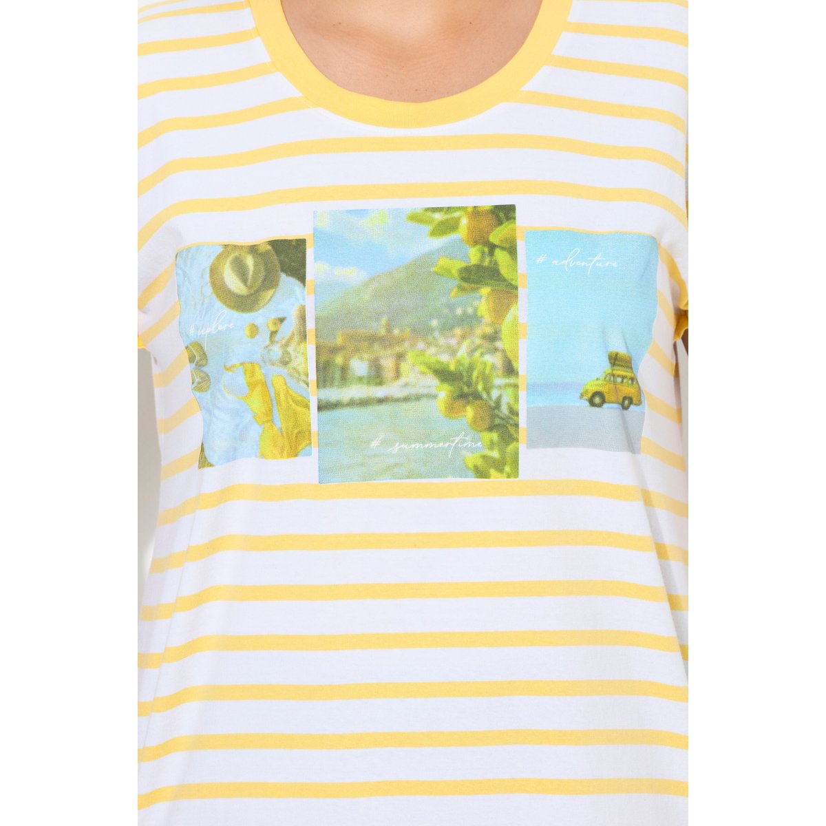 T-shirt oversize à rayures. Col rond jaune soleil, ULLA POPKEN