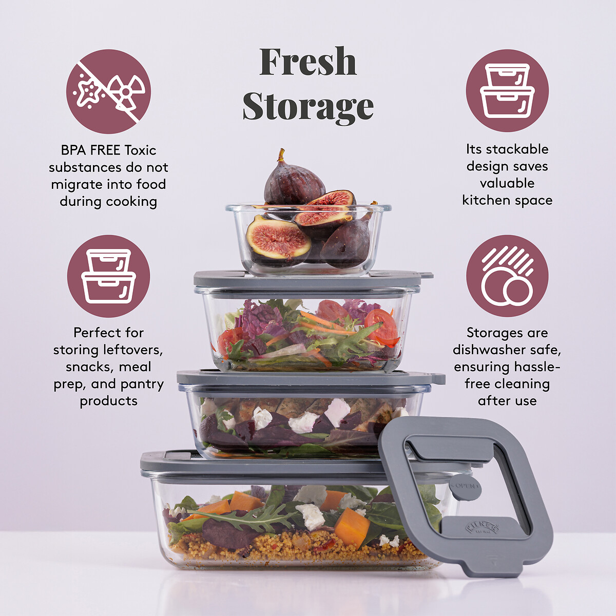 Set of 4 Fresh Storage Food Containers transparent, KILNER