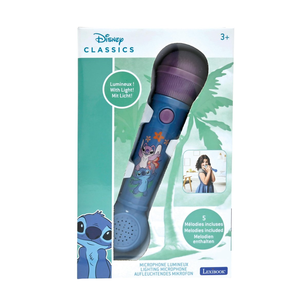 Microphone Lumineux avec Mélodies et Effets Sonores Stitch bleu, LEXIBOOK