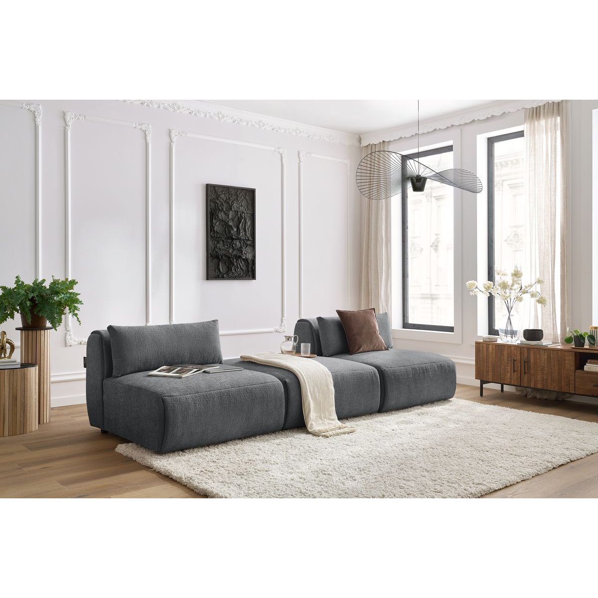 Canapé modulable 3 places en tissu texturé, JEANNE gris foncé, BOBOCHIC