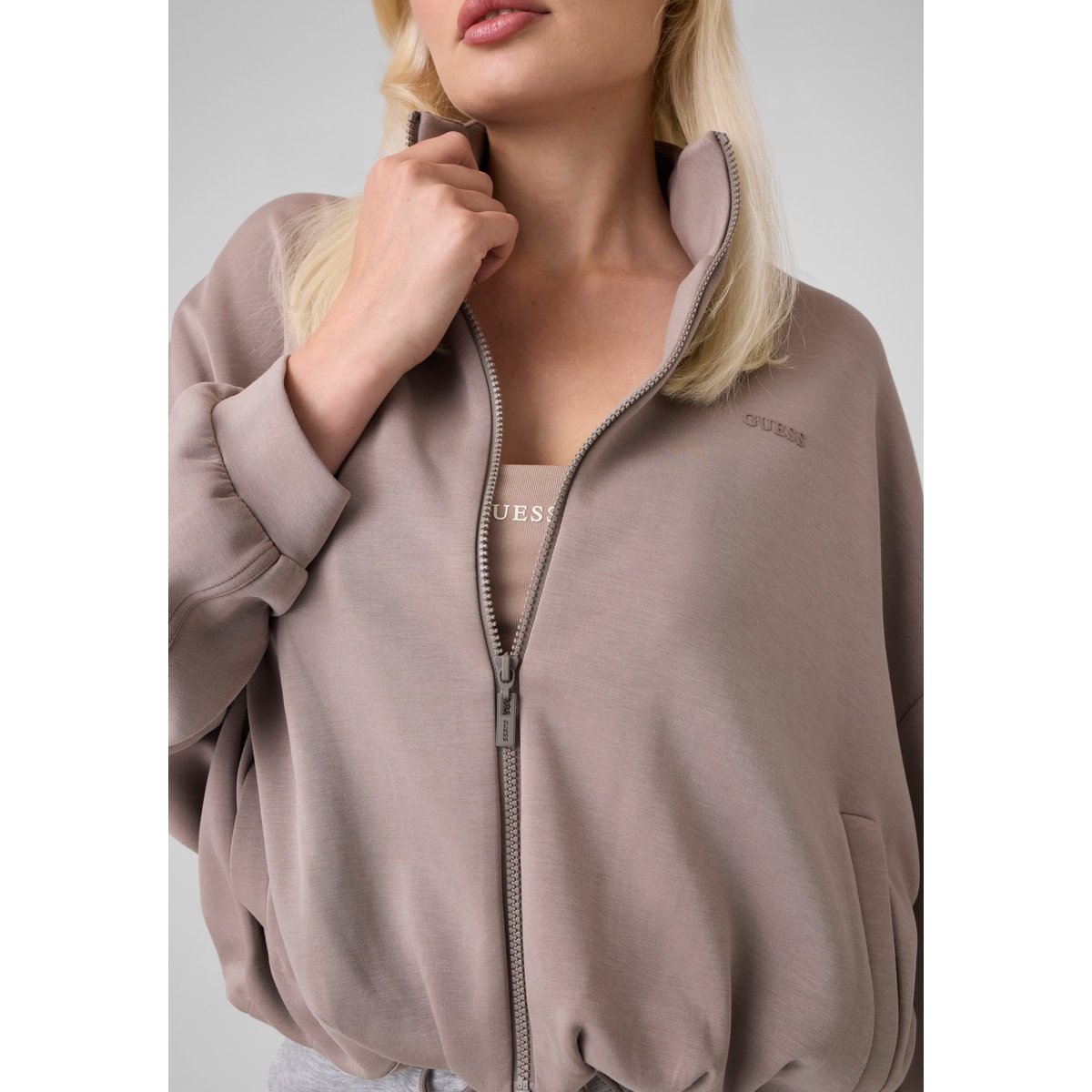 Sweat À Capuche Zippé Intégral beige, GUESS