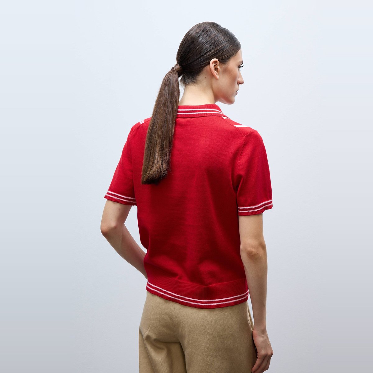 Polo rayé en maille à manches courtes goyave, MONOPRIX