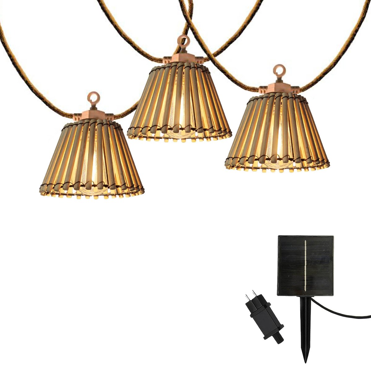 Guirlande lumineuse extérieur connectable 10 abat-jour naturels en bambou NATURA LIGHT HYBRID LED blanc chaud  8m solaire et sur secteur beige, LUMISKY
