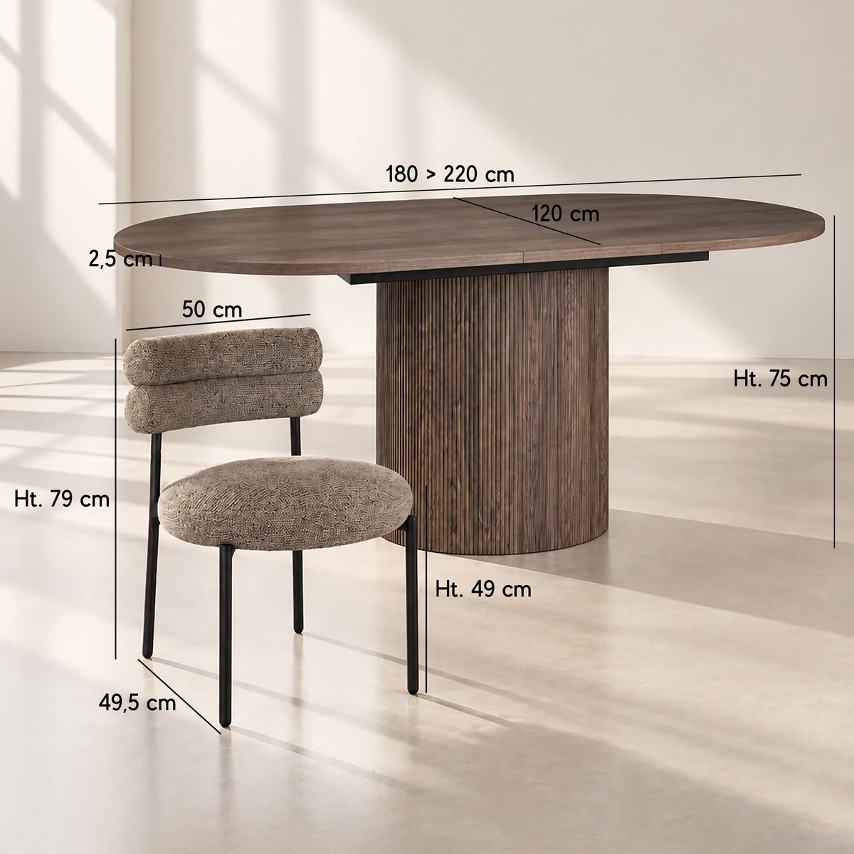 Table extensible 180/220cm avec 6 chaises en tweed GINA moka, NOW'S HOME