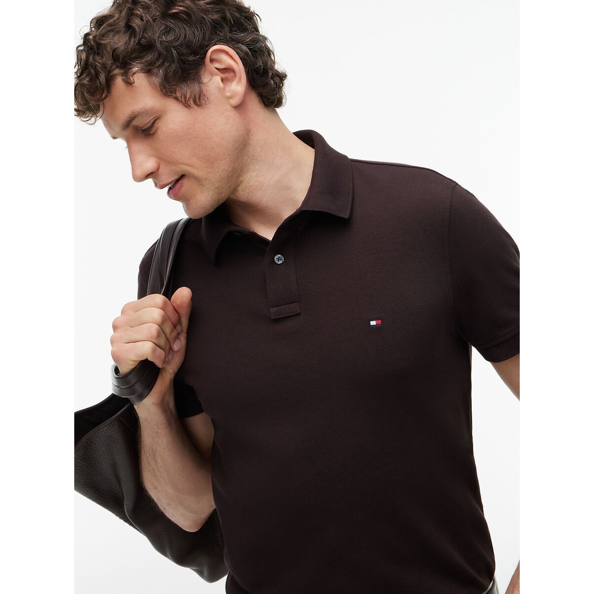 Polo recto stretch, cuello con 2 botones chocolate, TOMMY HILFIGER