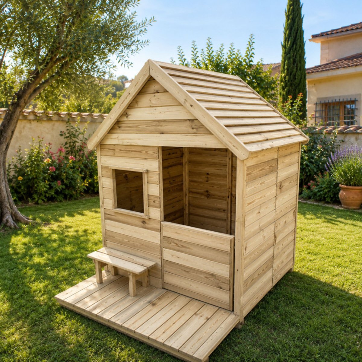Cabane en bois traité avec terrasse et banc HEIDI marron, SOULET