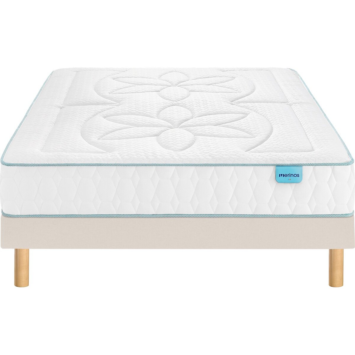 Ensemble matelas latex, soutien et sommier à lattes recouvertes, COZY GREEN 2 tissé sable blanc, MERINOS