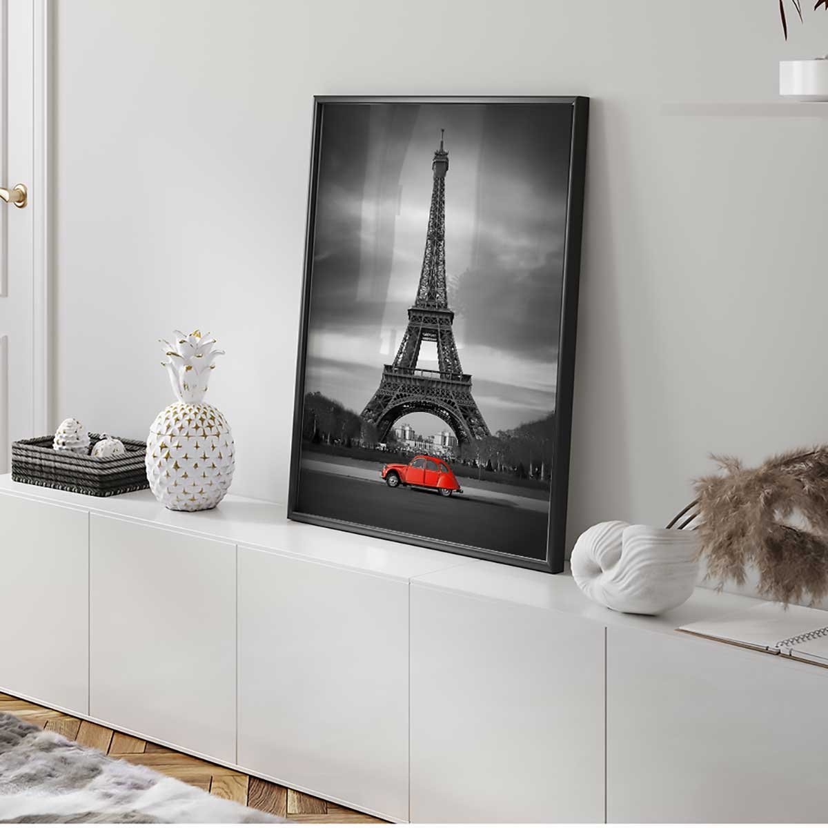 Affiche encadrée Tour Eiffel noir et blanc avec touche de couleur affiche + cadre en métal - noir, HEXOA