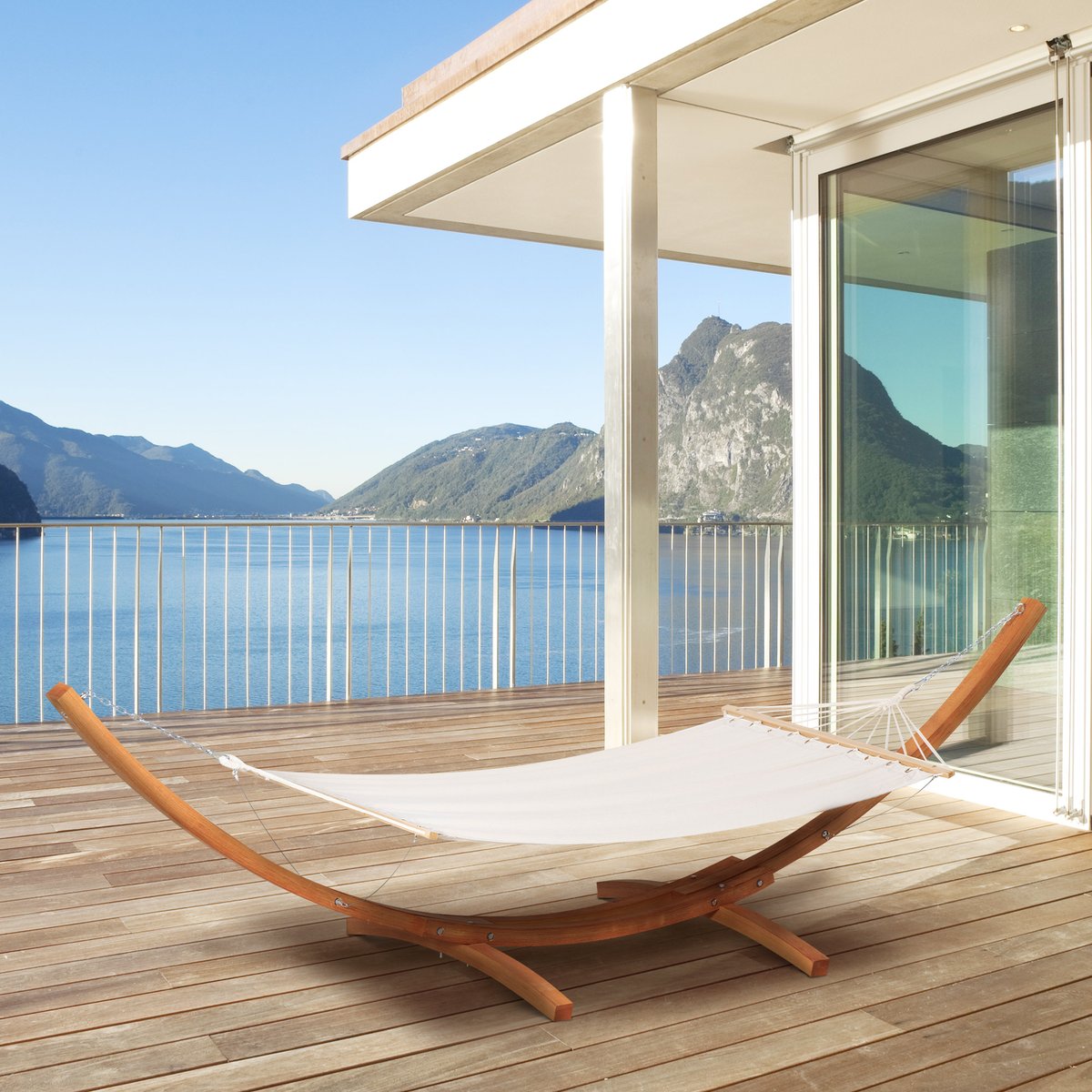 Hamac de jardin 1 place avec support en bois blanc, OUTSUNNY