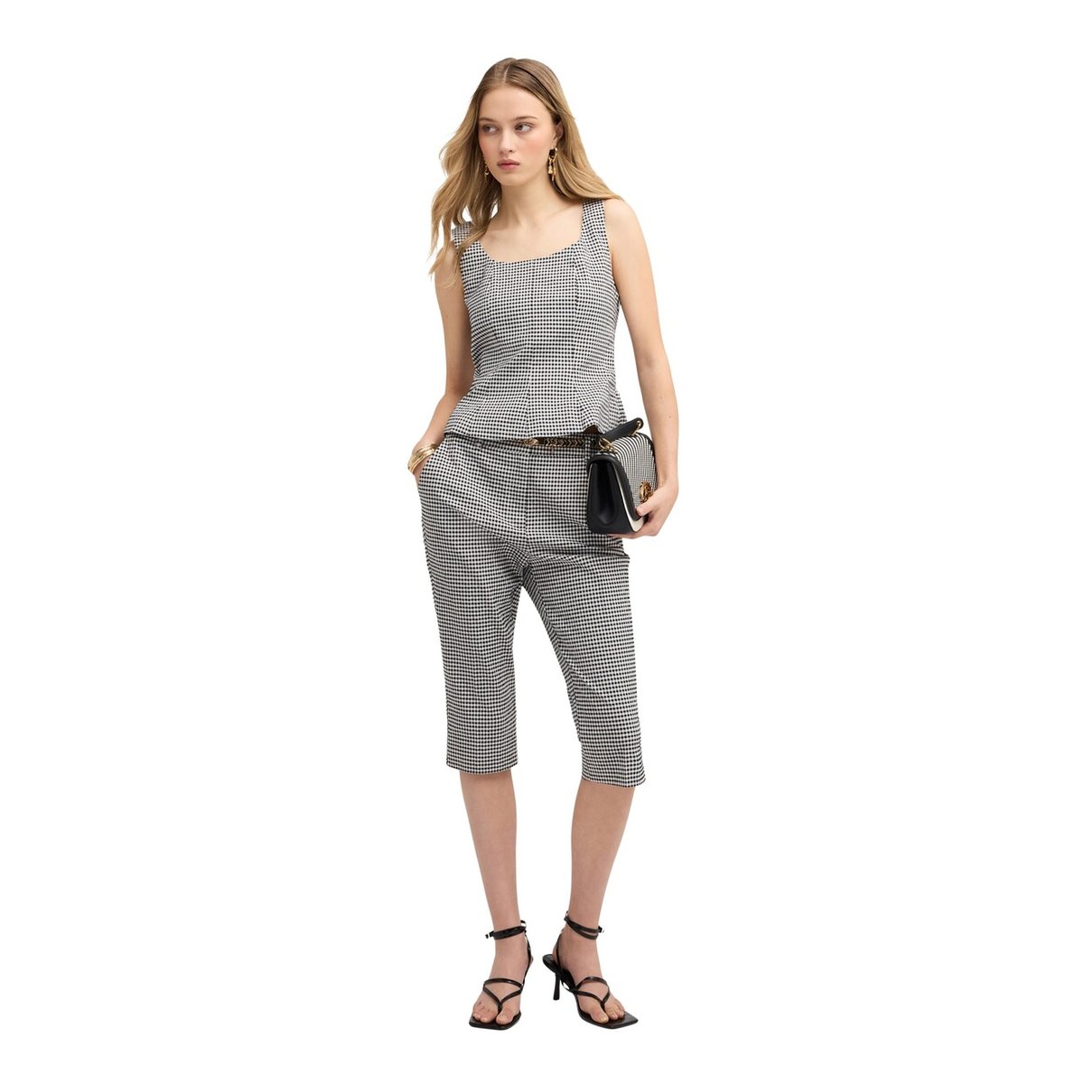 Pantalon capri à motif vichy noir, MOTIVI