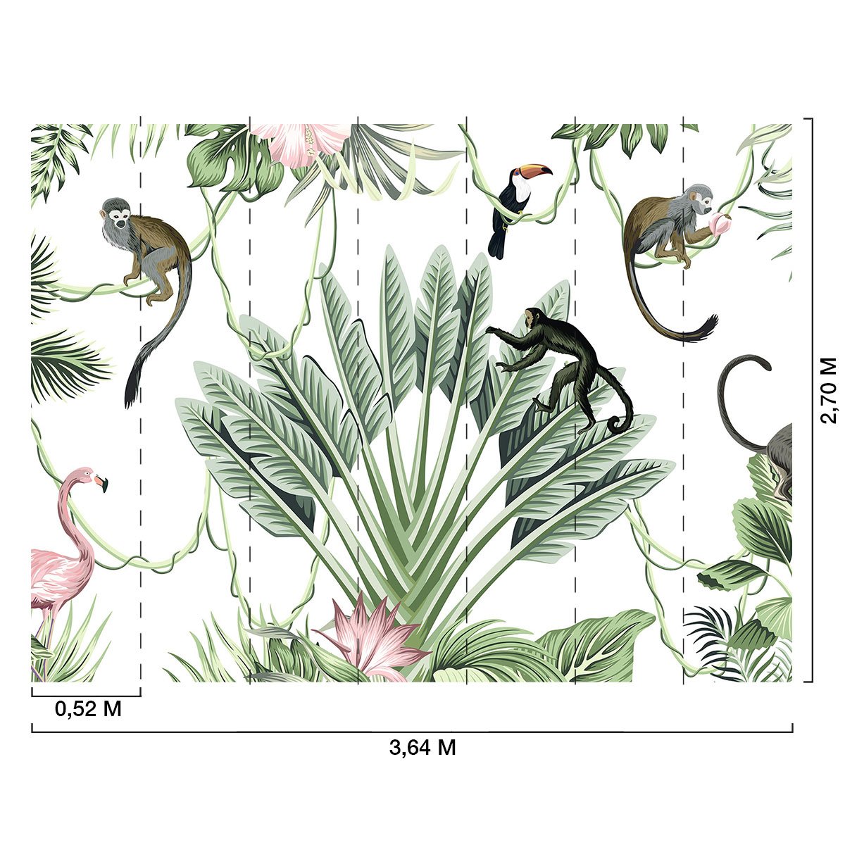 Papier peint panoramique singes et flamants tropicaux intissé, HEXOA