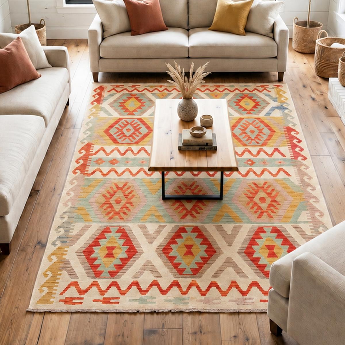 Tapis d'orient au motif ethnique, tissé plat en laine pure, KILIM 4 multicolore, crème, rouge, UN AMOUR DE TAPIS