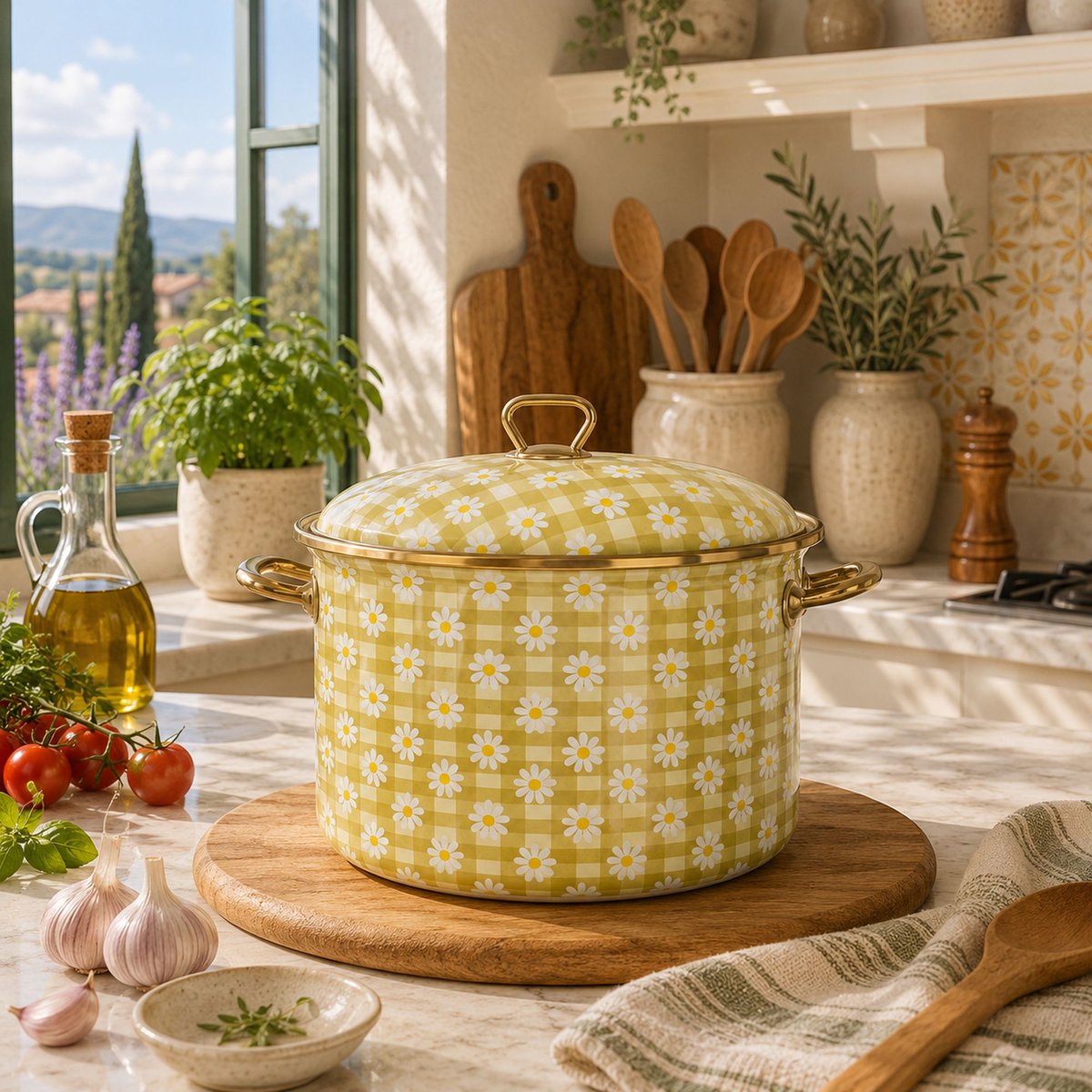 Marmite 24cm en acier émaillé, DAISY blanc-jaune, MENASTYL