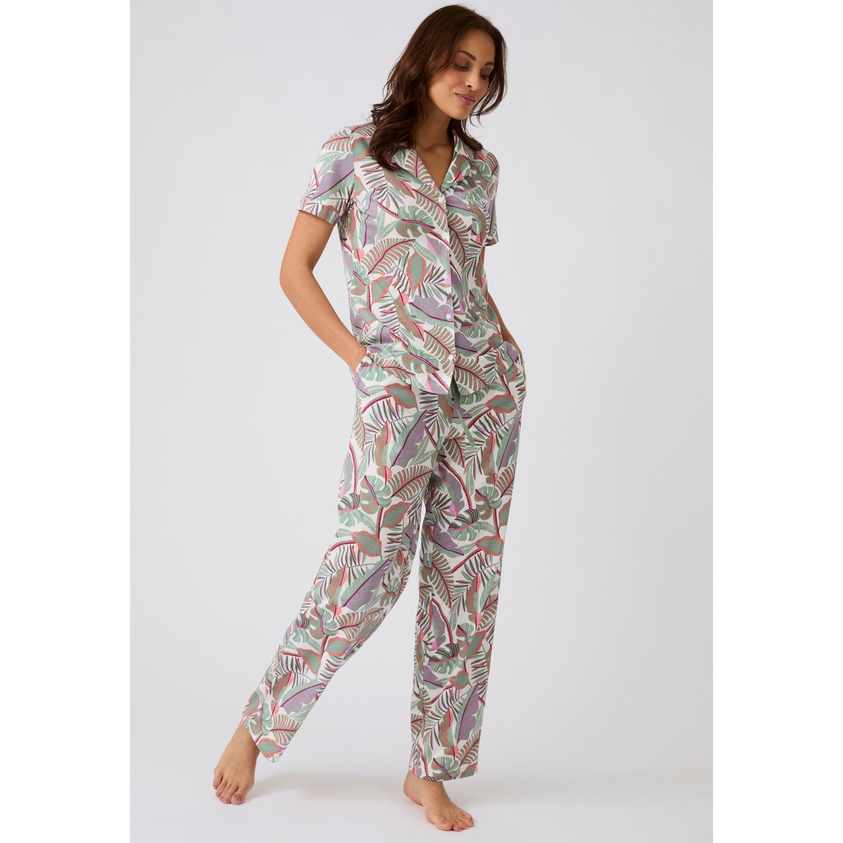 Chemise de pyjama en pur coton peigné marron ecru tropical, DAMART