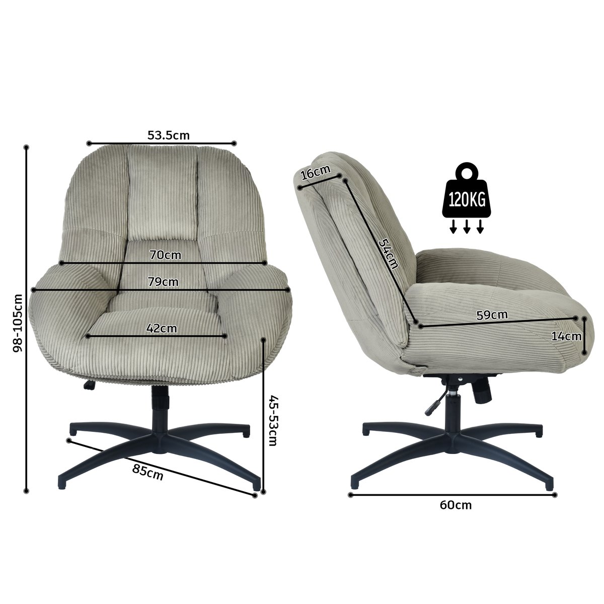 Chaise de bureau pivotante avec dossier inclinable en velours côtelé, LITHOPSFIX CORDO gris, MEUBLES COSY