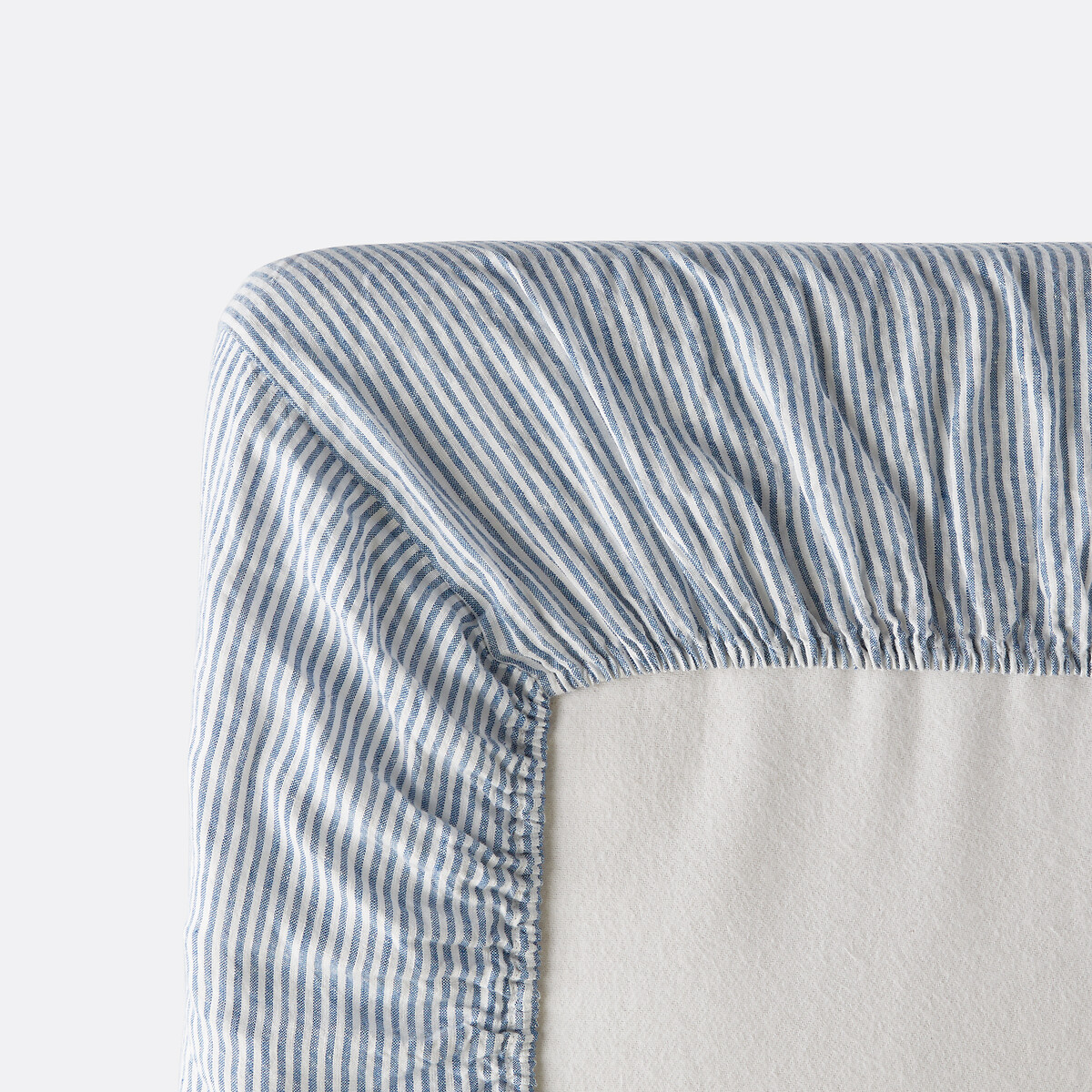 Drap-housse en lin lavé, bonnet 30 cm, à rayures, LIMONA bleu, LA REDOUTE INTERIEURS