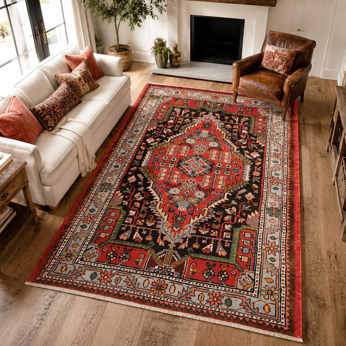 Tapis d'orient oriental, noué main en laine, HAMADAN 20 rouge, bleu, noir, UN AMOUR DE TAPIS