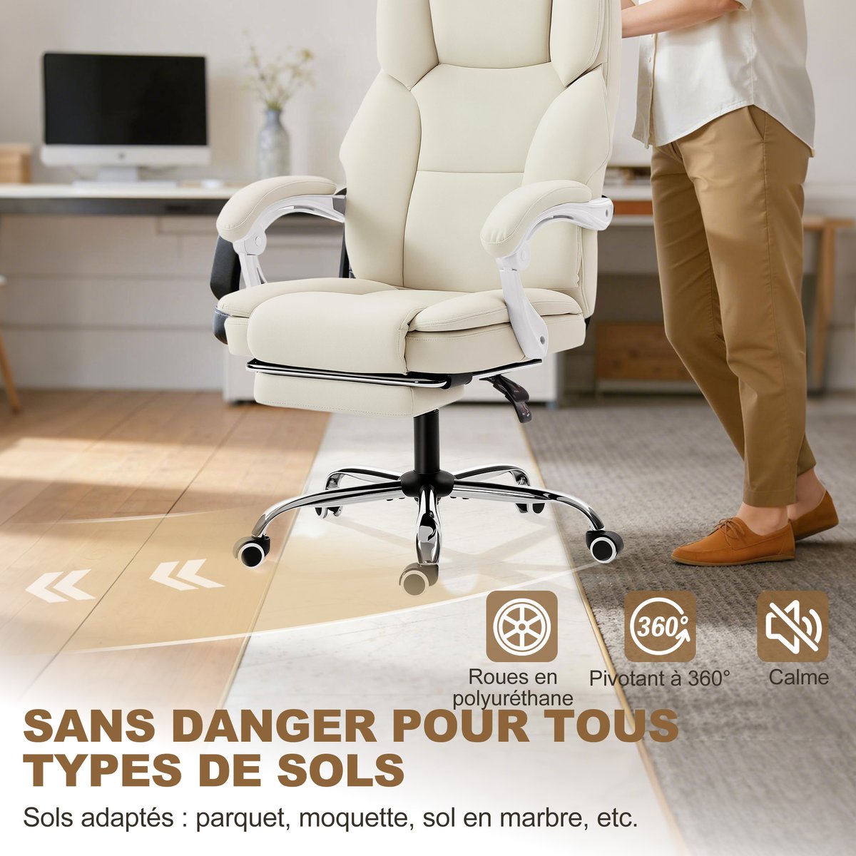 Chaise de bureau Cuir synthétique Beige beige, HOMCOM