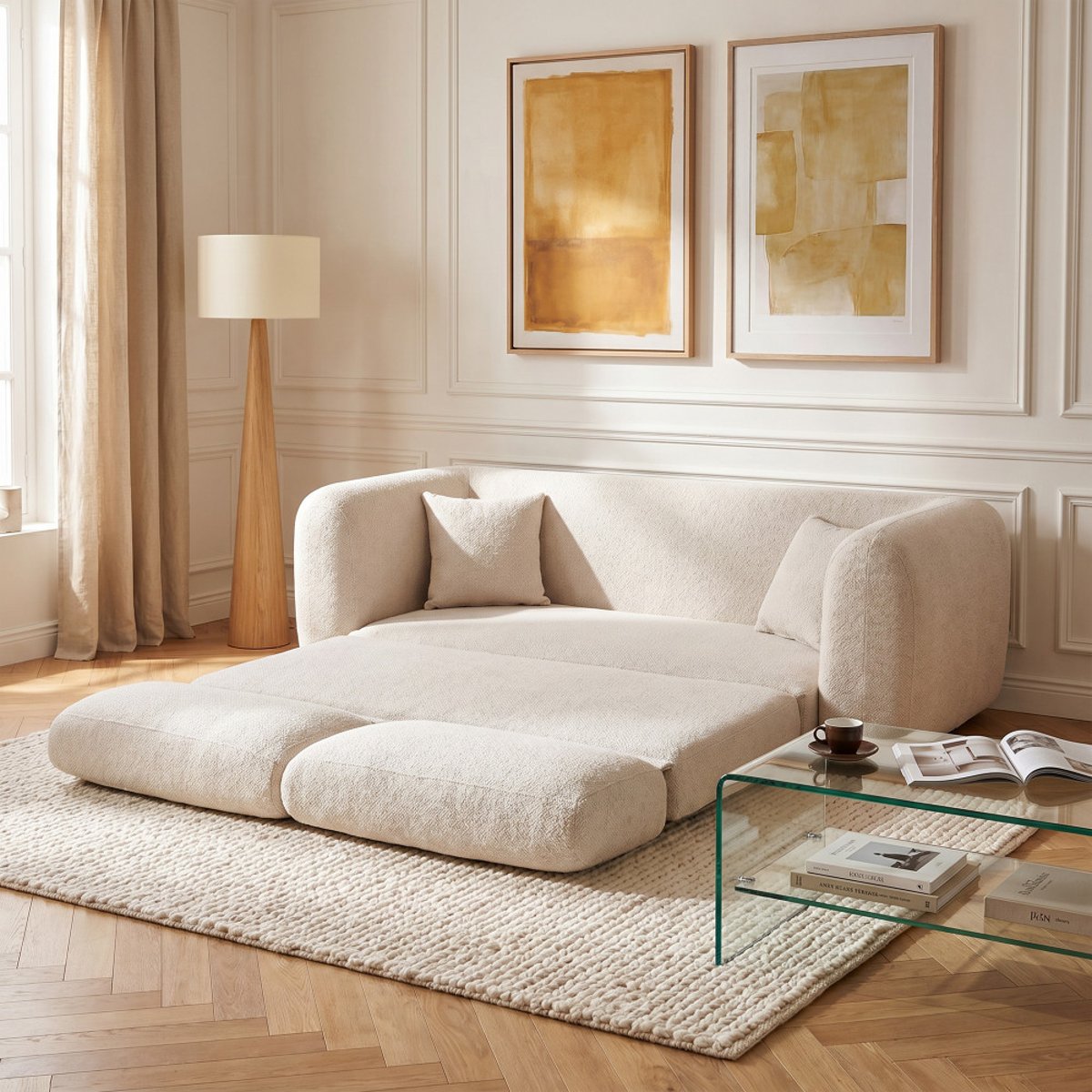 Canapé convertible compressé 3 places en tissu- LOU beige, DRAWER