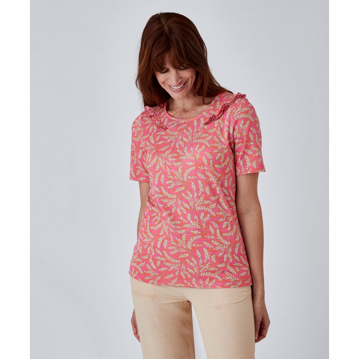Tee-shirt volanté manches courtes rose herbier, DAMART