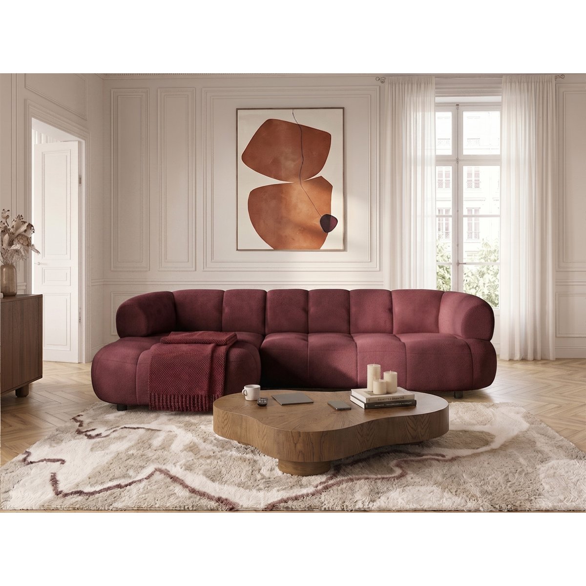 Canapé d'angle convertible 3 places en tissu lisse, LOVELY rouge, BOBOCHIC