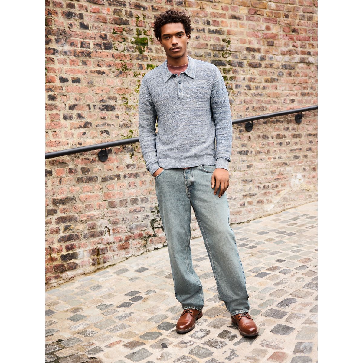 Polo torsadé coton à manches longues bleu denim marl, NEXT