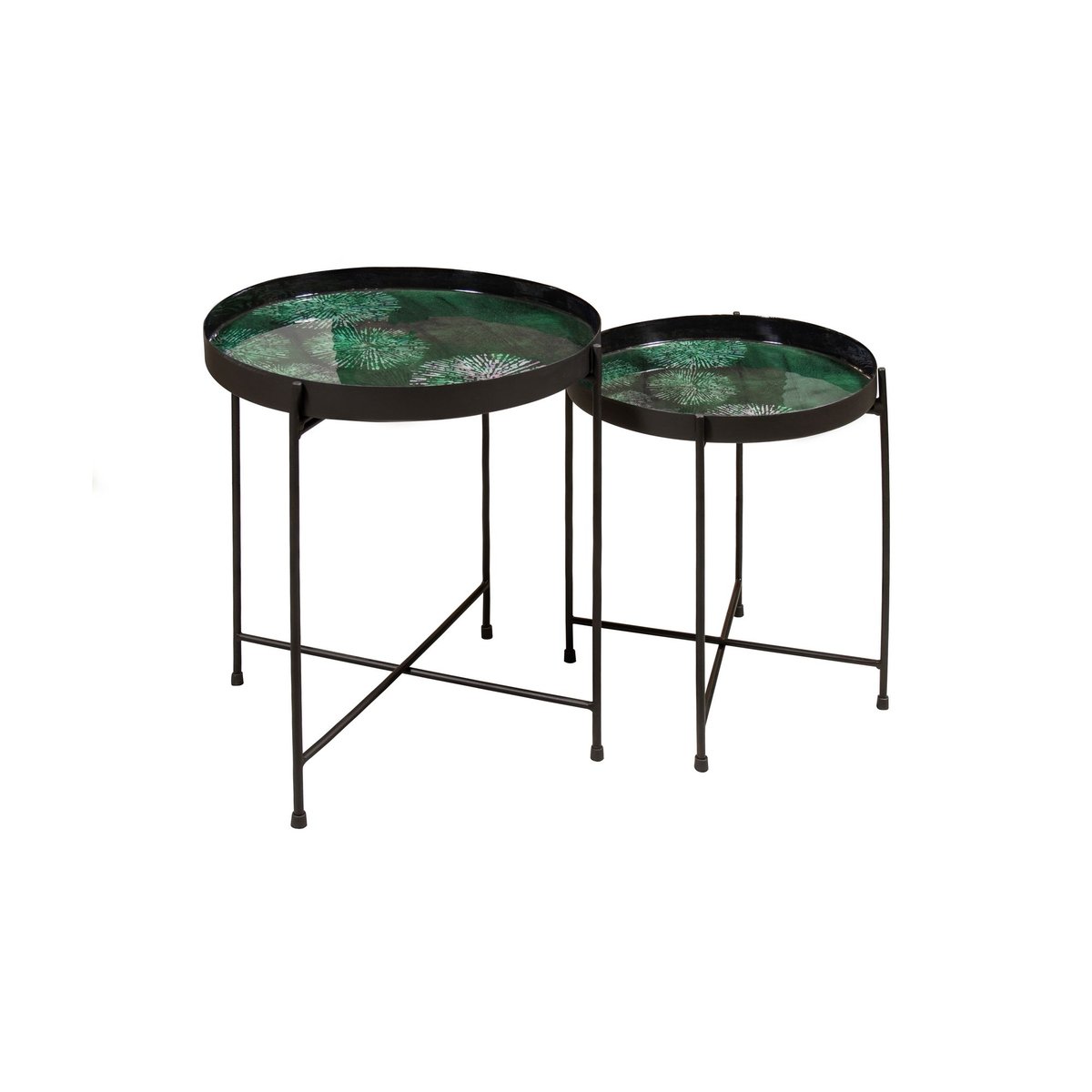 Set de 2 tables d'appoint avec plateau émaillé, GELA noir-vert, NOW'S HOME