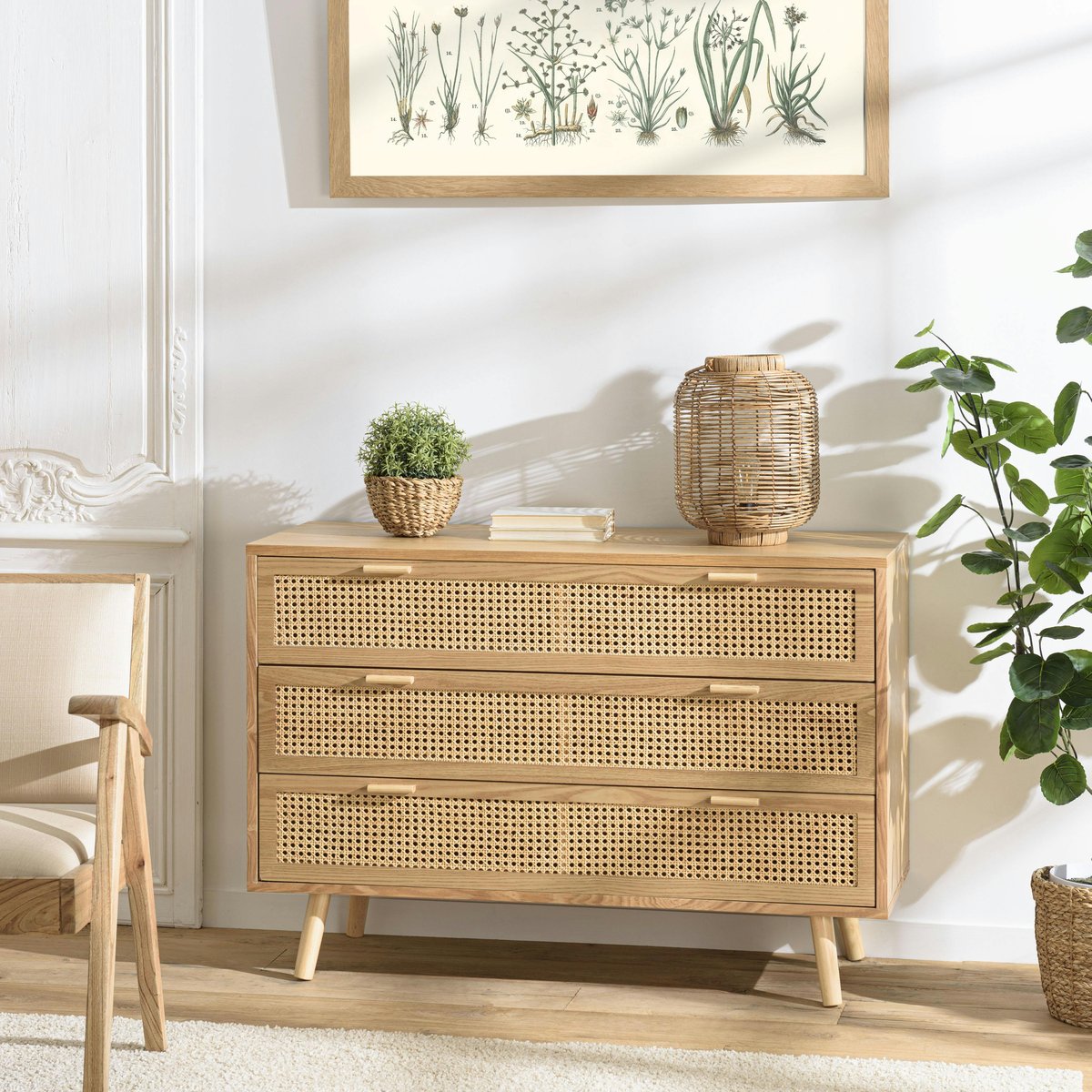 Commode 3 tiroirs bois clair et cannage ALGA bois naturel, PIER IMPORT